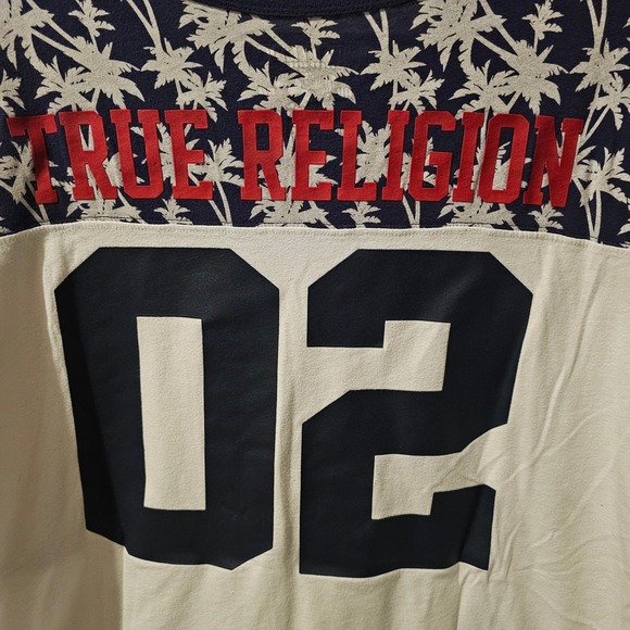 True Religion Mens XXXL Graphic T Shirt Palm Tree Logo World Tour White Blue - Picture 6 of 6